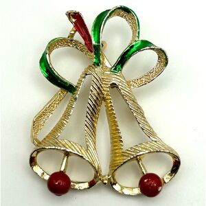 Vintage Retro Art Deco signed Christmas Bells Brooch Pin